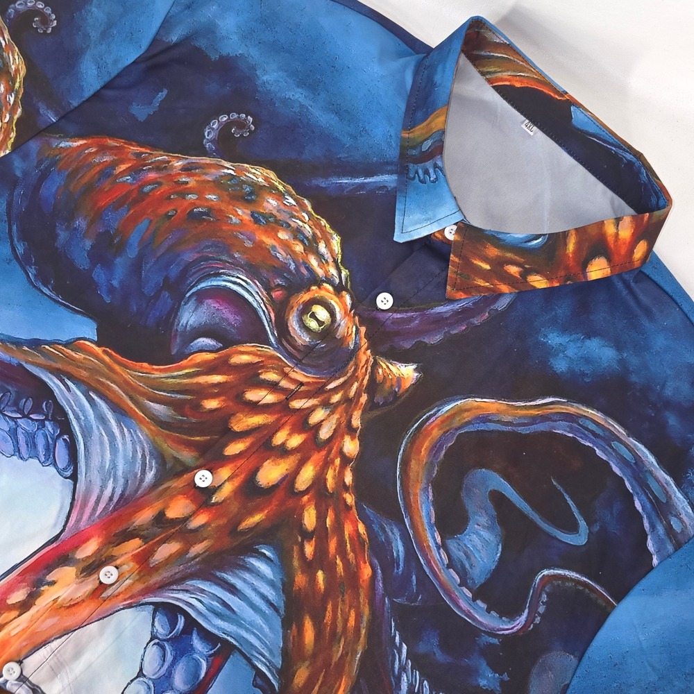 Octopus Mega Print Button Up Shirt Men 4XL Short Sleeve Ocean Bold Colorful Loud